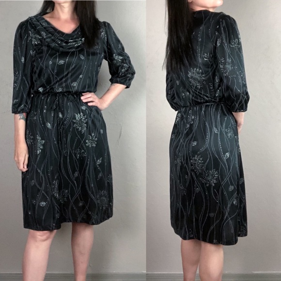 Vintage Dresses & Skirts - Vintage 1960s Black and Silver Cowl Neck Dress